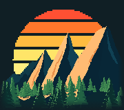 Pixel-art sunset over Boulder's Flatirons and pine forests.